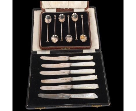 2 cased sets of silver cutlery, comprising set of 6 seal top coffee spoons, and set of 6 mother-of-pearl handled butter knive