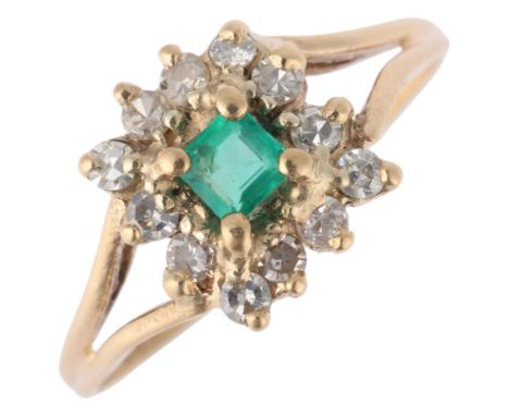 A 9ct gold emerald and diamond cluster ring, set with octagonal step-cut emerald and single-cut diamonds, setting height 9mm,