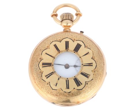 An Antique Swiss 18ct gold half hunter keyless pocket watch, white enamel dial with Roman numeral hour markers, gilt double s