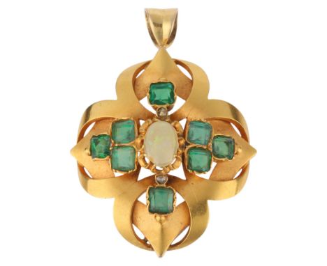 An Antique Victorian Etruscan Revival 18ct gold opal green paste and diamond pendant, circa 1860, quatrefoil inter-locking fo
