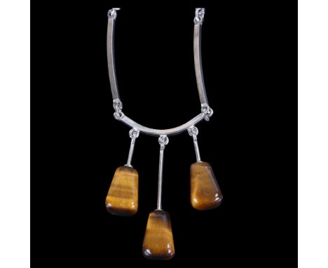 NIELS ERIK FROM - a Danish modernist sterling silver tigers eye negligee pendant necklace, with polished tigers eye drops and
