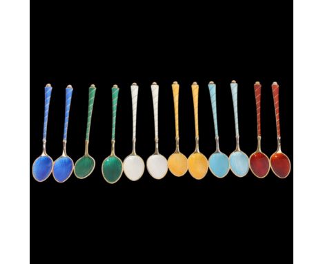EGON LAURIDSEN - a set of 12 Danish vermeil sterling silver harlequin enamel coffee spoons, with enamel bowls, 9.5cm, 3.1oz g