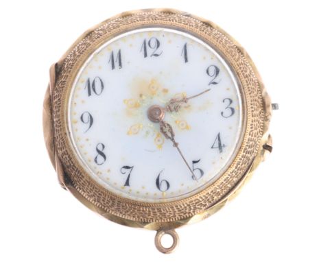 A Swiss 14ct gold enamel pendant watch, white enamel dial with black Arabic numerals, gilt foliate hands and Art Nouveau enam