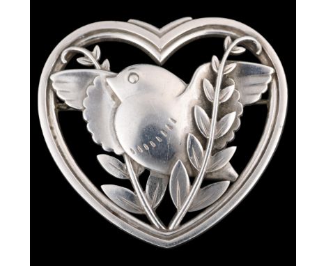 GEORG JENSEN - an Art Nouveau style Danish sterling silver heart bird brooch, designed by Arno Malinowski, model no. 239, wid