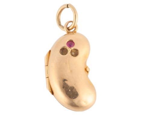 An Antique 18ct gold ruby kidney bean locket pendant, 19.4mm, 1.4g . Condition Report:Front motif is lacking 2 stones, mount 