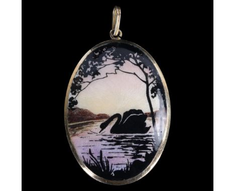 A Norwegian sterling silver-gilt polychrome enamel 'Swan' pendant, oval convex form, with hand painted watercolour lakeside s