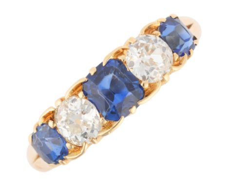 An Antique Victorian 18ct gold five stone sapphire and diamond half hoop ring, maker JBJ, Birmingham 1885, set with cushion-c