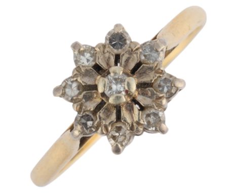 An 18ct gold diamond flowerhead cluster ring, maker DS & S, London 1966, set with single-cut diamonds, setting height 10.5mm,