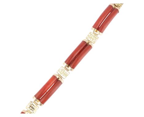 A Chinese 14ct gold orange jade panel bracelet, band width 10.1mm, 19cm, 20.1g . Condition Report:No damage or repair, fittin