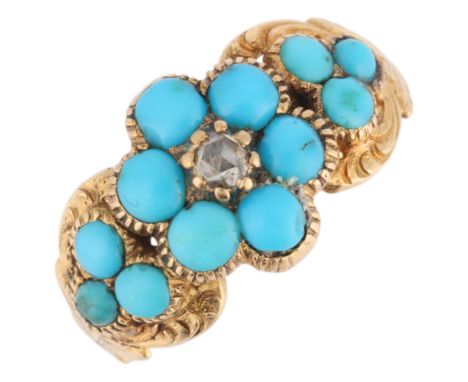 An Antique Victorian 15ct gold turquoise and diamond 'Forget-Me-Not' mourning ring, set with rose-cut diamond and round caboc