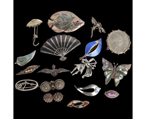 Various silver brooches, including RAF wings sweetheart brooch, Norwegian blue enamel leaf brooch, etc . Condition Report:Lot