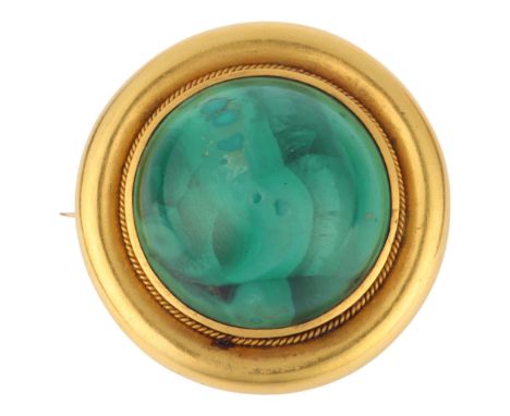 An Antique Victorian Etruscan Revival 18ct gold malachite bombe brooch, circa 1880, rub-over set with round cabochon malachit