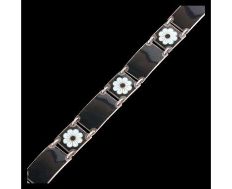 JENS JOHS AAGAARD - an Art Deco style Danish sterling silver-gilt polychrome enamel panel bracelet, blue enamel flowerhead in
