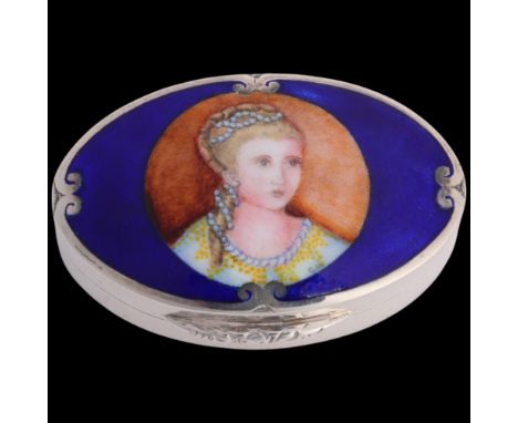 An Elizabeth II silver and enamel portrait pillbox, Peter John Doherty, Birmingham 1980, oval form, with hand painted waterco