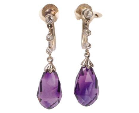A pair of 9ct white gold amethyst and diamond drop earrings, set with briolette-cut amethyst suspended from graduated millegr