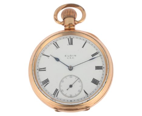 ELGIN - an American gold plated open-face keyless pocket watch, white enamel dial with black Roman numeral hour markers, blue