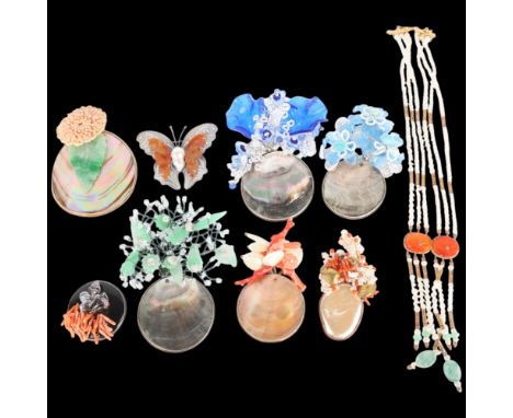A group of large South Korean mother-of-pearl and glass brooches . Condition Report:Lot sold as seen unless specific item(s) 