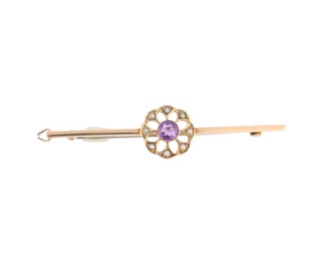 MURRLE BENNETT & CO - an Antique Edwardian 9ct gold amethyst and split pearl openwork bar brooch, 63.4mm, 3g . Condition Repo