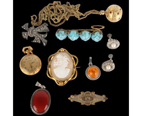 Various jewellery, including shell cameo brooch, silver marcasite earrings, etc . Condition Report:Lot sold as seen unless sp