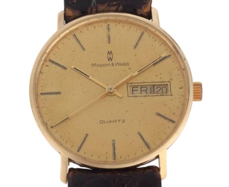 MAPPIN & WEBB - a 9ct gold quartz calendar wristwatch, circa 1980s, champagne dial with gilt baton hour markers, baton hands,