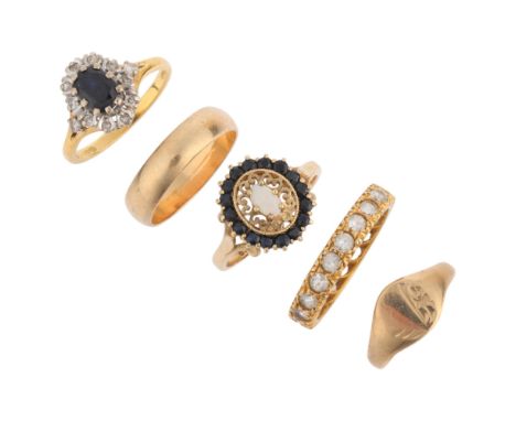 5 gold gem set rings, comprising 1 x 18ct sapphire and diamond ring, size J, 3.5g, and 4 x 9ct rings, sizes H, M, and N x 2, 