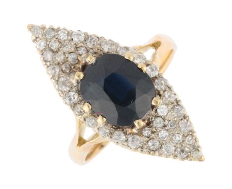 An 18ct gold sapphire and diamond marquise cluster ring, set with 4.8ct cushion-cut sapphire surrounded by old-cut modern rou