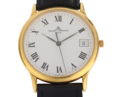 BAUME & MERCIER - an 18ct gold Classima quartz calendar wristwatch, ref. MV045077, white dial with black Roman numeral hour m