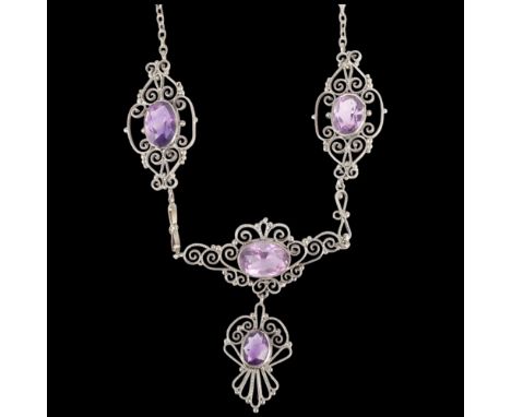 A Vintage silver filigree amethyst pendant necklace, 46cm, 9.4g . Condition Report:No damage or repair, fitting working