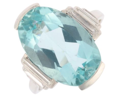 A platinum aquamarine and diamond ring, set with 5.5ct oval mixed-cut aquamarine flanked by stepped baguette-cut diamond shou