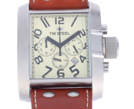 T W STEEL - a stainless steel Goliath quartz chronograph calendar wristwatch, ref. TW13, cream dial with Arabic numerals, bat