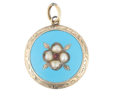 An Antique Victorian Pinchbeck garnet pearl and enamel locket pendant, circa 1860, circular form with engraved foliate decora