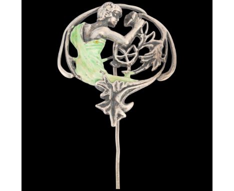 An Art Nouveau unmarked silver enamel openwork stickpin, head 33.5mm, overall 8cm, 7g . Condition Report:No damage or repair,