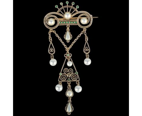 An Art Nouveau Norwegian sterling silver-gilt pearl and enamel brooch, 100mm, 12.1g . Condition Report:No damage or repair, a