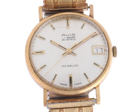 AVIA - a Vintage 9ct gold Aviamatic automatic calendar wristwatch, circa 1970s, silvered dial with gilt baton hour markers, b