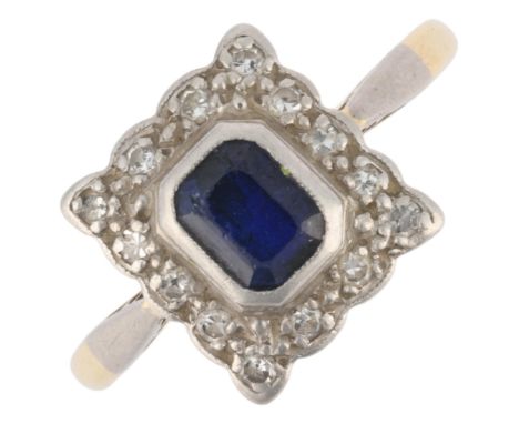 An 18ct gold sapphire and diamond cluster ring, platinum-topped rub-over set with octagonal step-cut sapphire and single-cut 