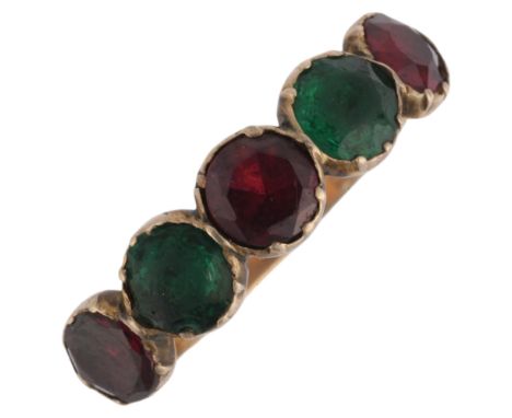 An Antique Georgian five stone garnet and green paste half hoop ring, circa 1810, cut-down collet set with foil-back round-cu