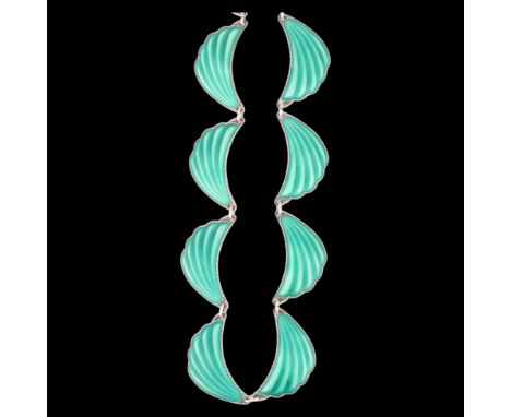 ELVIK & CO - a Norwegian modernist sterling silver green enamel wing panel necklace, 39cm, 38.1g . Condition Report:No damage