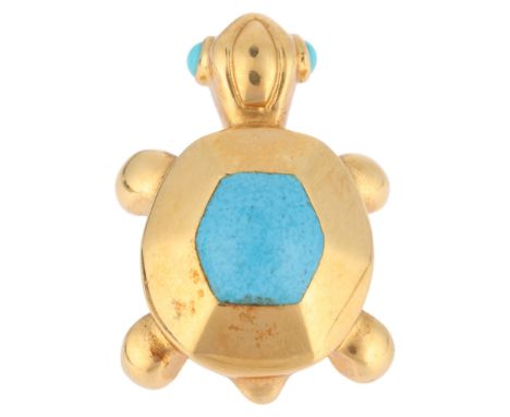 CARTIER - an 18ct gold turquoise enamel and turquoise turtle lapel pin, circa 1992, with enamel shell and round cabochon turq