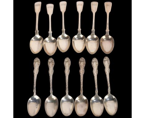 Various silver spoons, including set of 5 Victorian Fiddle pattern teaspoons, John Walton, Newcastle 1851, 6.9oz total . Cond