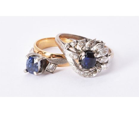 
	
		A sapphire and diamond dress ring, the cushion cut sapphire within a pierced eight cut diamond set floral surround, scro