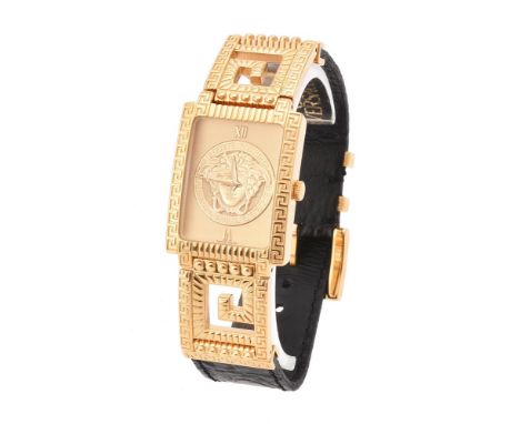 
	
		Gianni Versace, 
		Gold plated wrist watch, no. 00246 7008015,
		Movement: Cal. ETA 579.005, quartz, 6 jewels
		Case: Go
