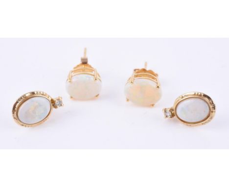 
	
		Two pairs of opal ear studs, the first pair with eight cut diamond accents, stamped 585, 1.2cm long, the other with oval