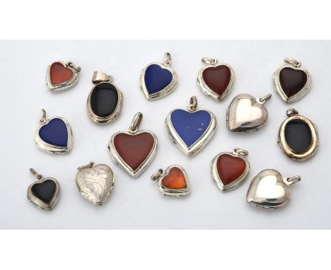 
	
		A collection of silver and silver coloured heart lockets, some inset with polished hardstone panels, with London marks o