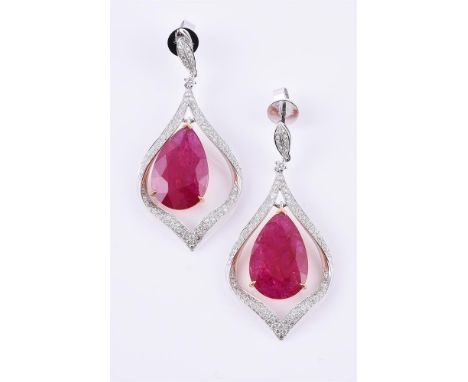 
	
		A pair synthetic ruby and diamond drop earrings, the pear shaped synthetic rubies suspended within pave set diamond surr