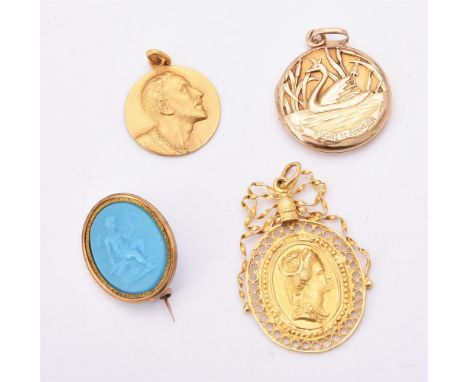 
	
		A small collection of antique jewellery, to include an early 20th century French locket, the circular panel with a swan 