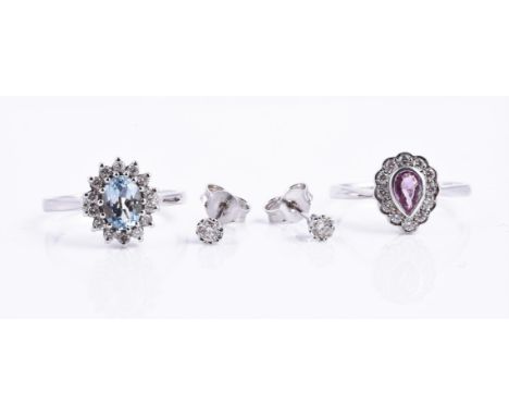 
	
		A 9 carat white gold pink sapphire and diamond pear shaped cluster ring, the pear shaped pink sapphire within a surround