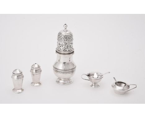 
	
		A silver baluster caster, marks obscured, with an orb finial to the pierced domed cover, on a circular moulded spreading
