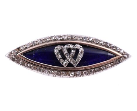 
	
		A navette shaped rose cut diamond and blue enamel brooch, the blue enamelled panel with applied rose cut diamond hearts,