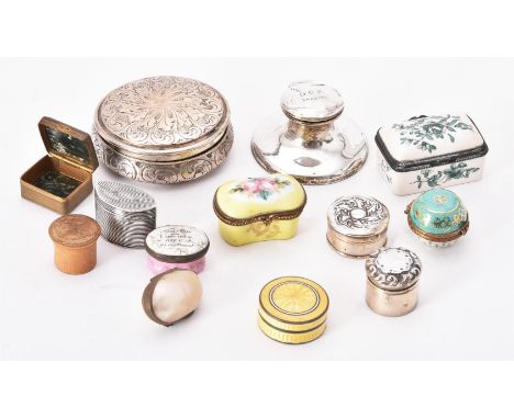 
	
		Y&nbsp;A collection of small boxes, including silver, silver coloured and enamel examples, to include: a late Victorian 