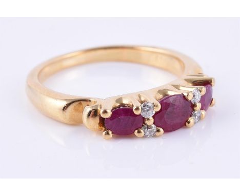 
	
		A synthetic ruby and diamond seven stone ring, finger size M 1/2, 4.6g gross

	

